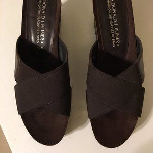 Brown Donald Pliner Mules with Gold Accents